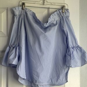 Papaya Blue and White Ruffled Bell Sleeve Blouse